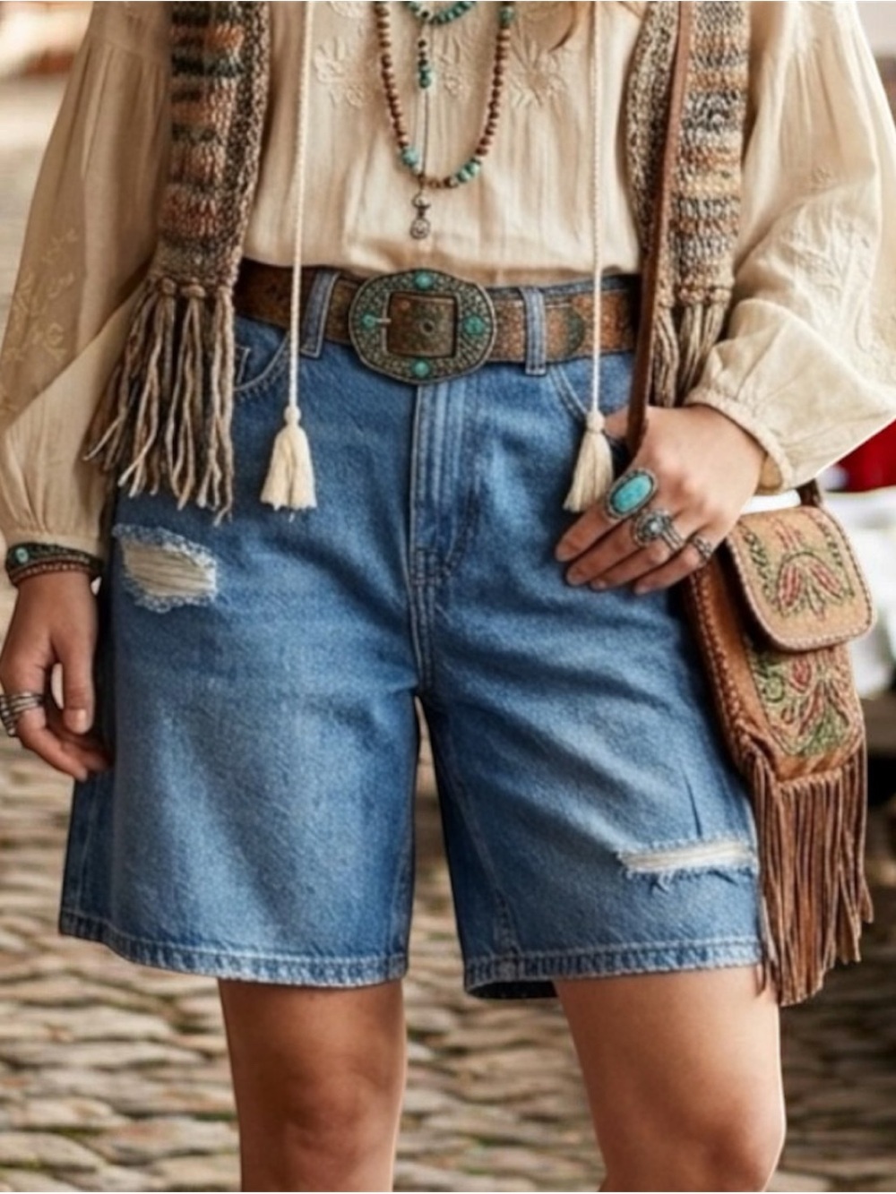 🌸Sincerely Jules longline  Bermuda Denim Shorts 25 Cotton High-Rise Distressed